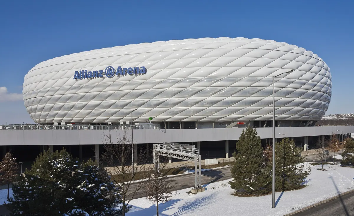 The Allianz Arena in Munich, home of Bayern Munich, on a clear winter day