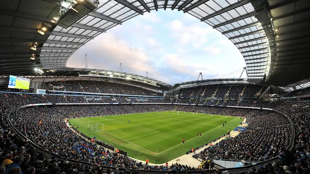 Inside the Etihad Stadium, home of Manchester City, full for a match