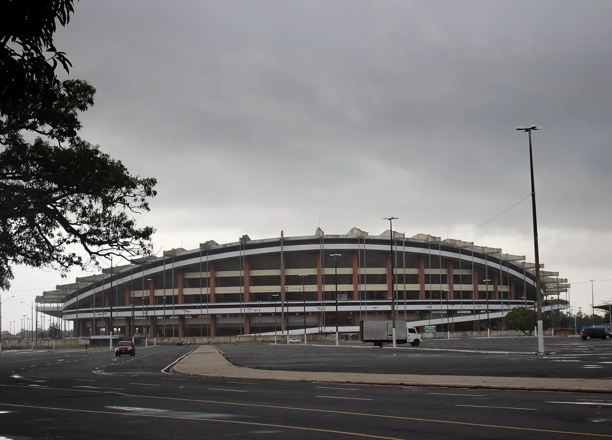 Exterior of the Estádio Olímpico do Pará (Mangueirão) in Belém, Clube do Remo's home ground, seen from the car park