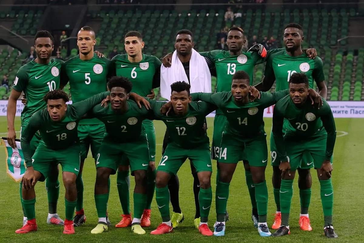 Nigeria's starting eleven in green kits pose for a team photo before a friendly against Argentina in Krasnodar, Russia, in November 2017