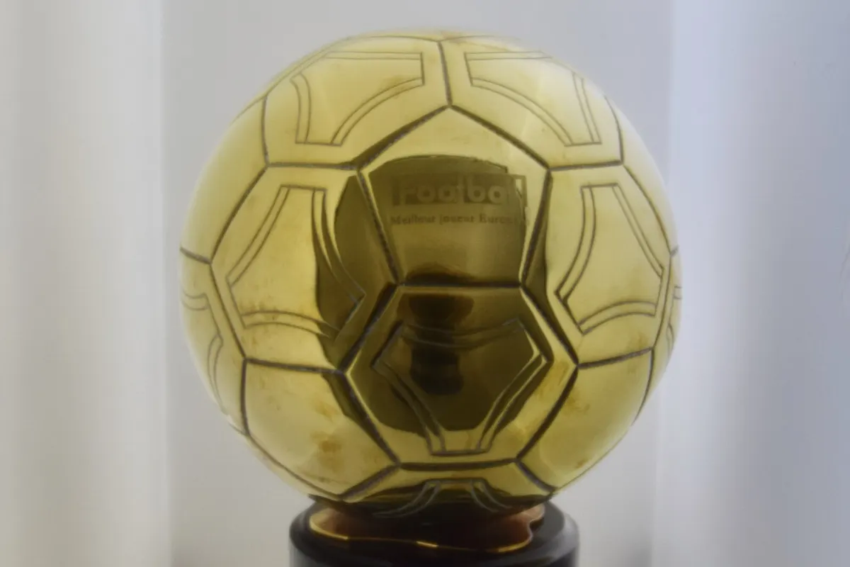 Cristiano Ronaldo's 2008 Ballon d'Or trophy on display at the Real Madrid Museum, Santiago Bernabéu, Madrid