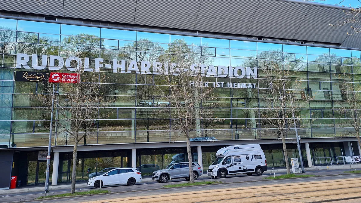 Glass front of the Rudolf-Harbig-Stadion in Dresden, home of Dynamo Dresden