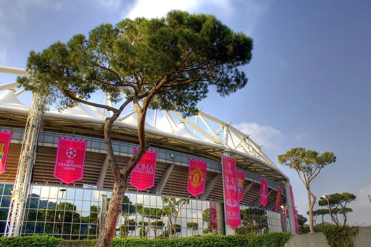 Façade of the Stadio Olimpico in Rome prepared for a major European final