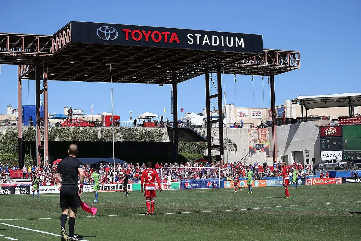 Toyota Stadium in Frisco, Texas, home of FC Dallas, photographed from the pitch during a match