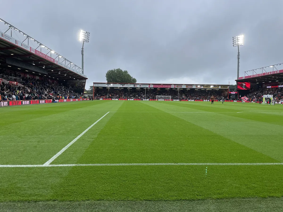 The pitch and stands at the Vitality Stadium, home of AFC Bournemouth, under floodlights before kick-off